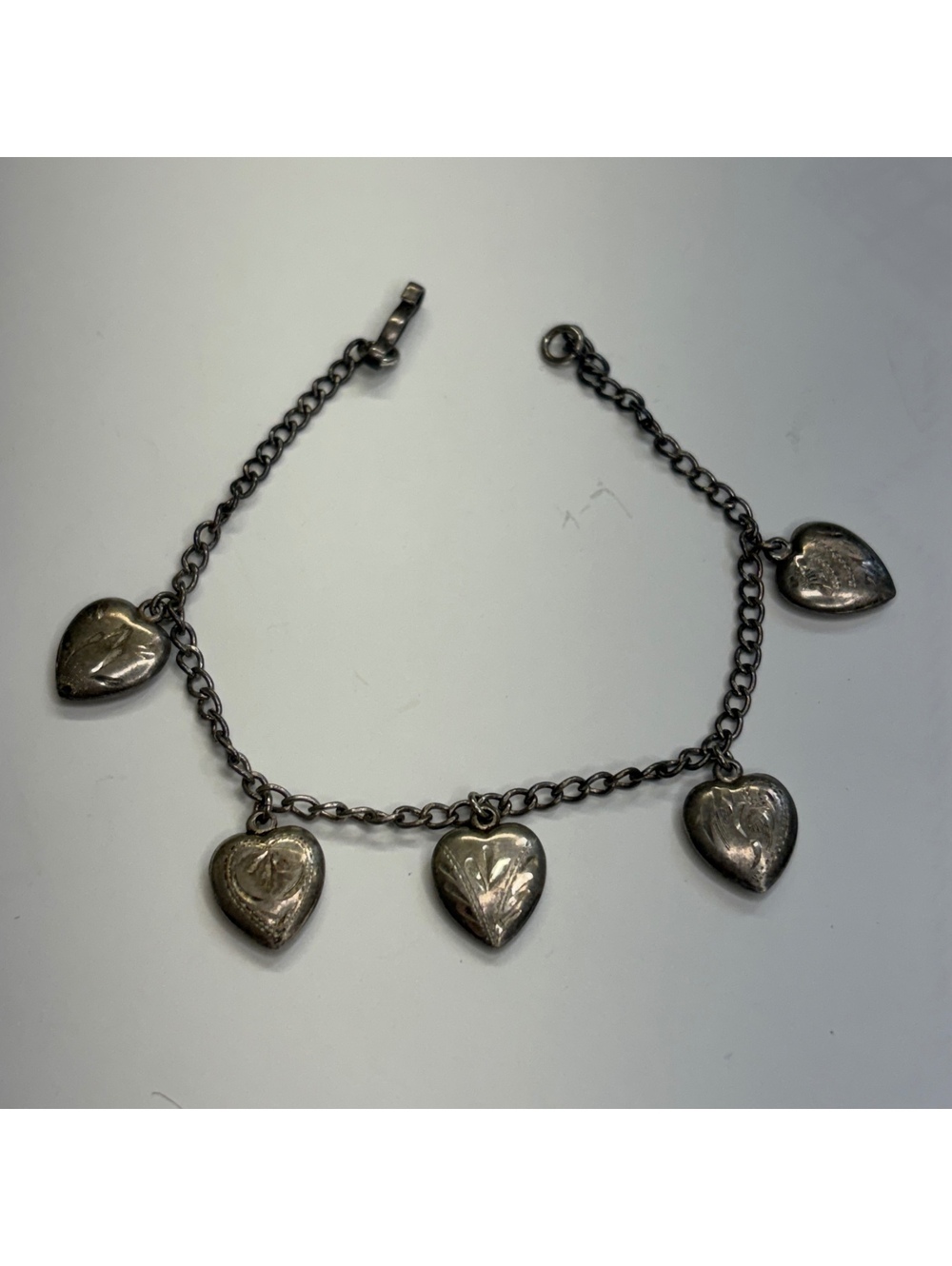 Sterling silver etched heart charm bracelet vintage